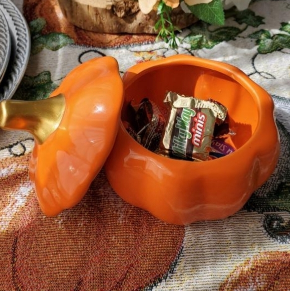Fall Halloween Glazed Pumpkin Trinket with Lid Home Decor Thanksgiving - Picture 2 of 2